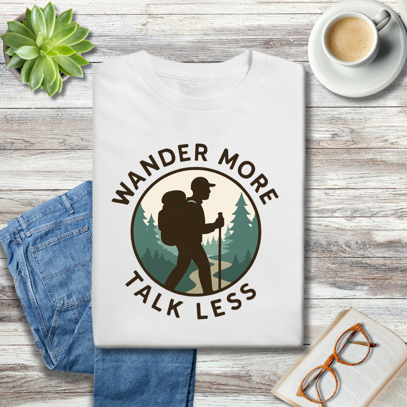 Wander More Talk Less Hiker Badge Tee