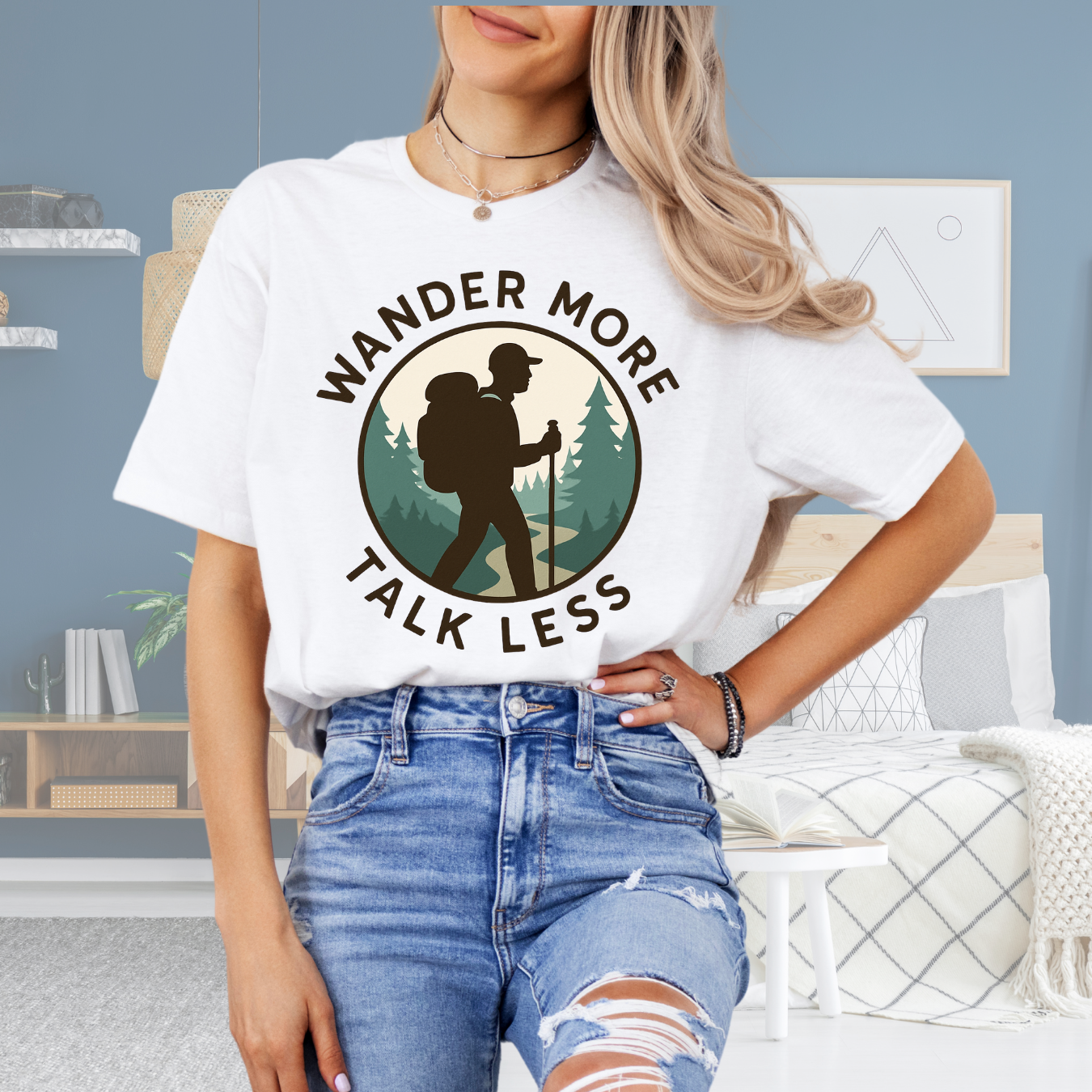 Wander More Talk Less Hiker Badge Tee