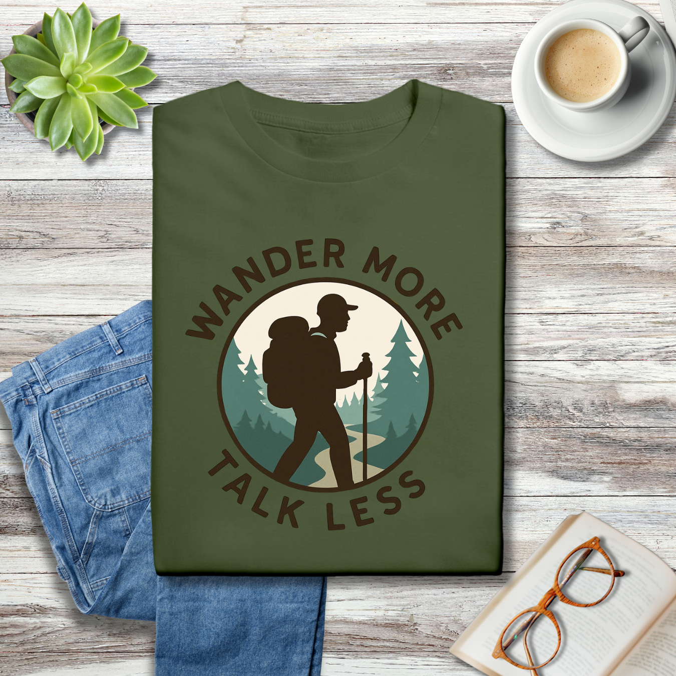 Wander More Talk Less Hiker Badge Tee