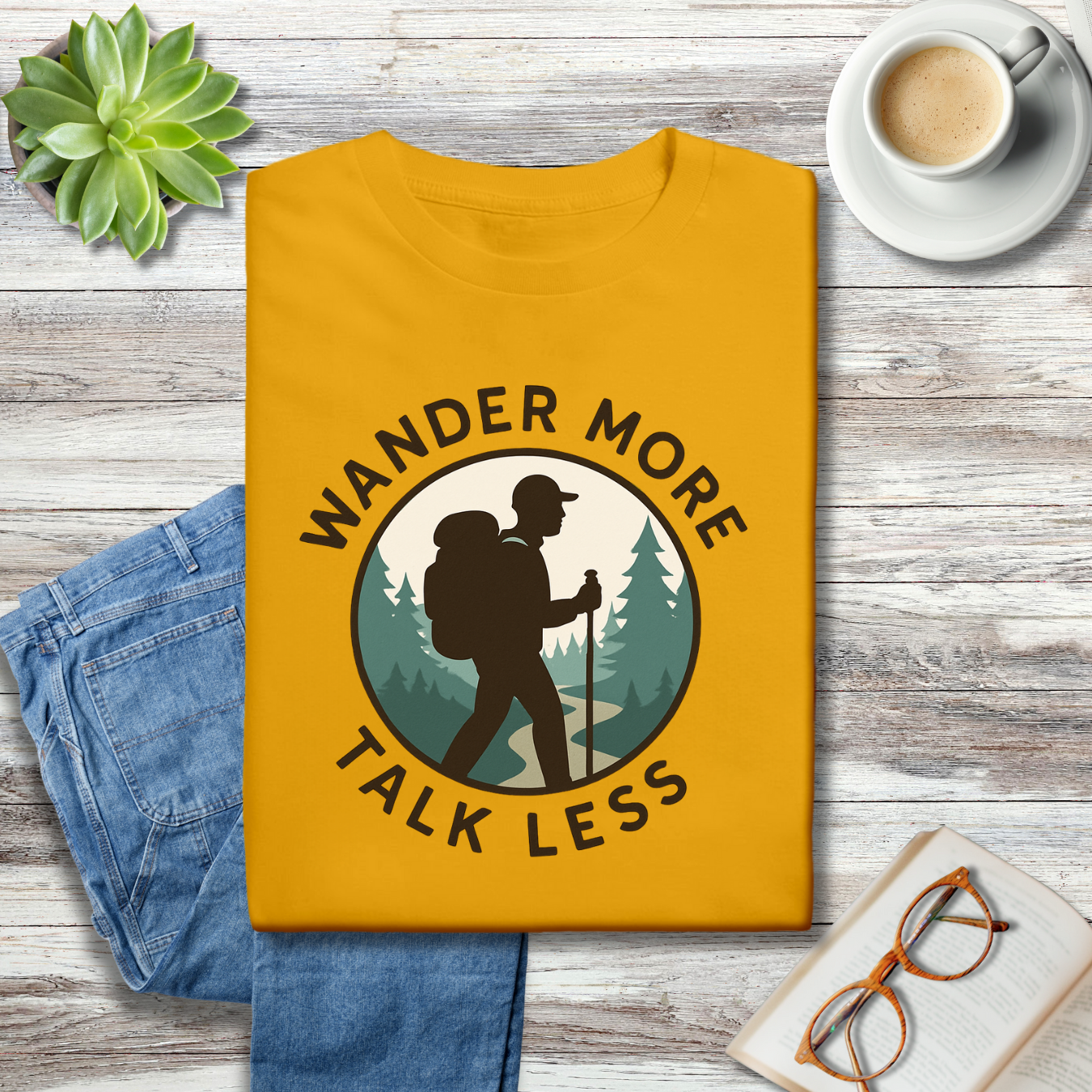 Wander More Talk Less Hiker Badge Tee