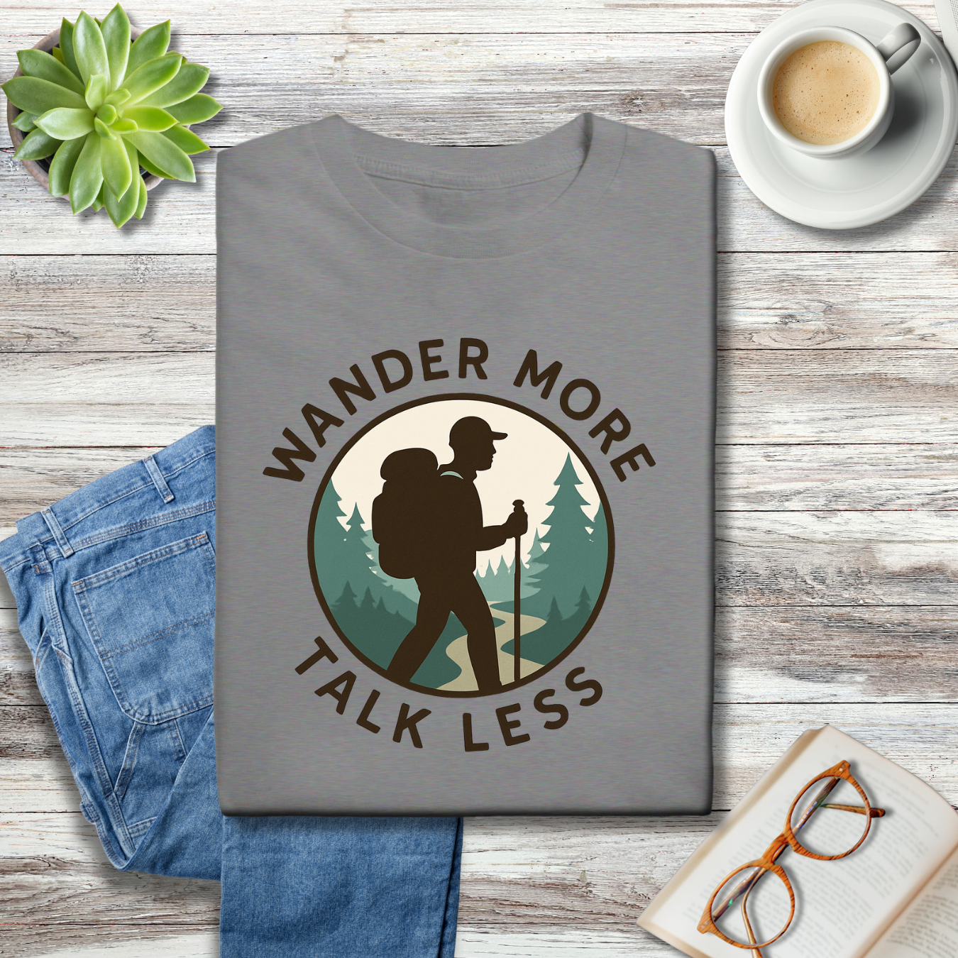 Wander More Talk Less Hiker Badge Tee