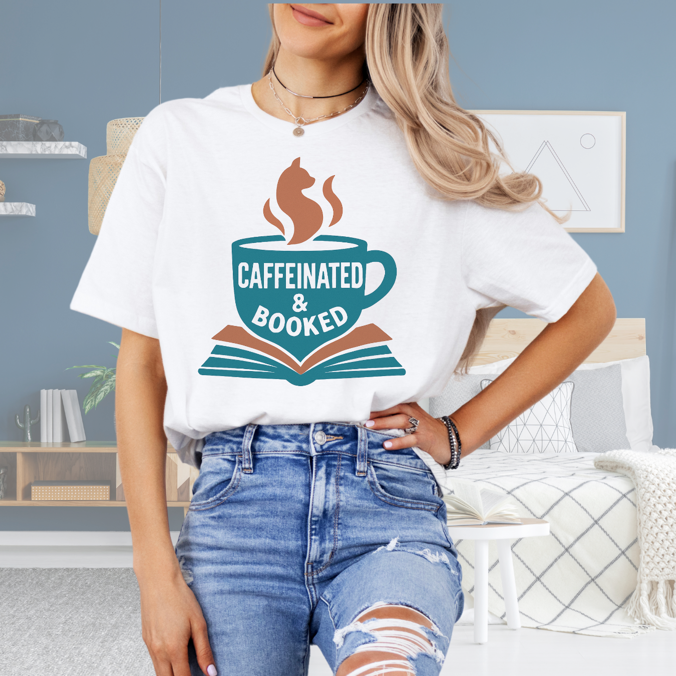 Caffeinated & Booked Cat Steam Mug Tee