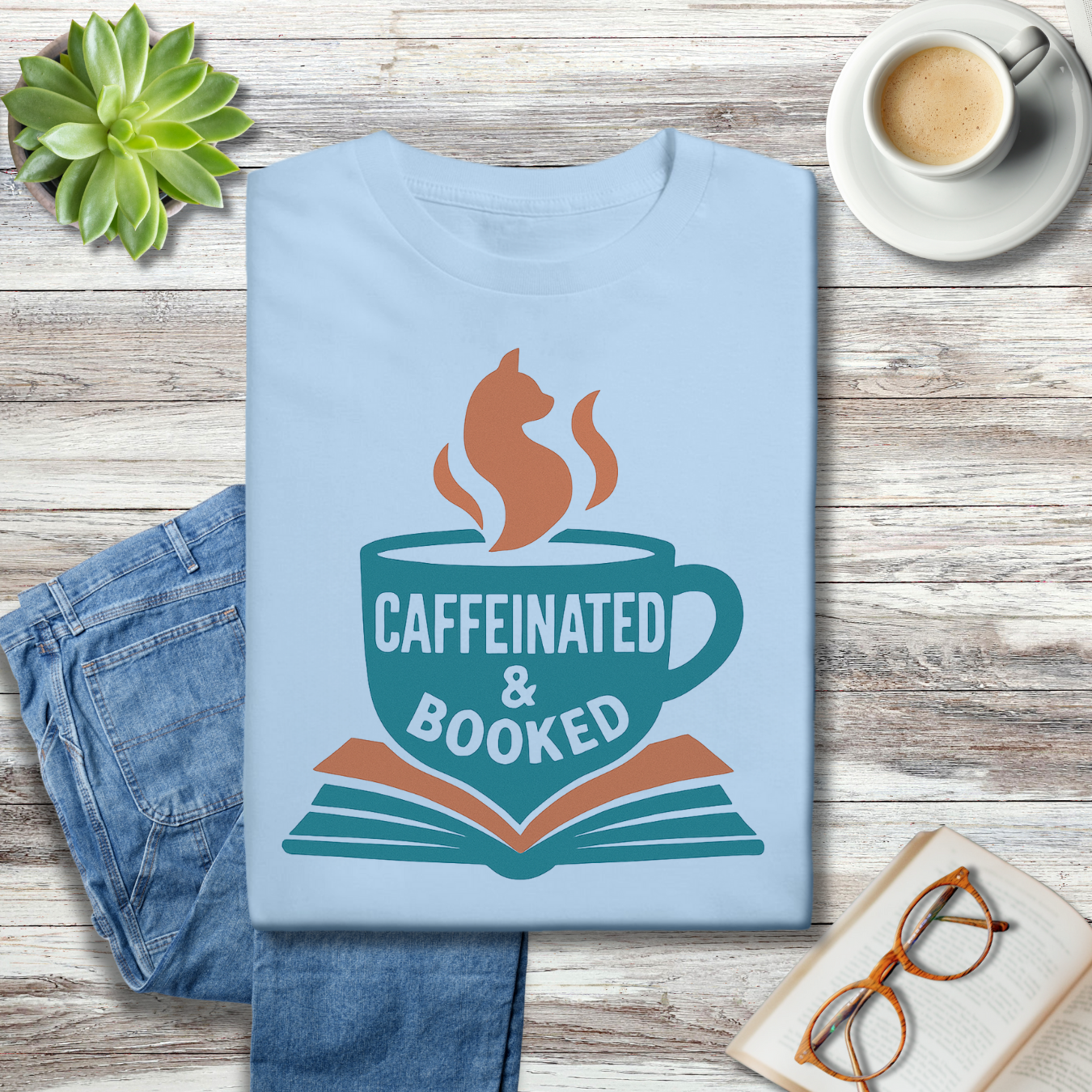 Caffeinated & Booked Cat Steam Mug Tee