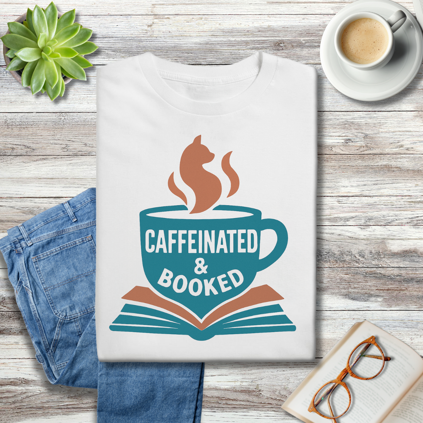 Caffeinated & Booked Cat Steam Mug Tee