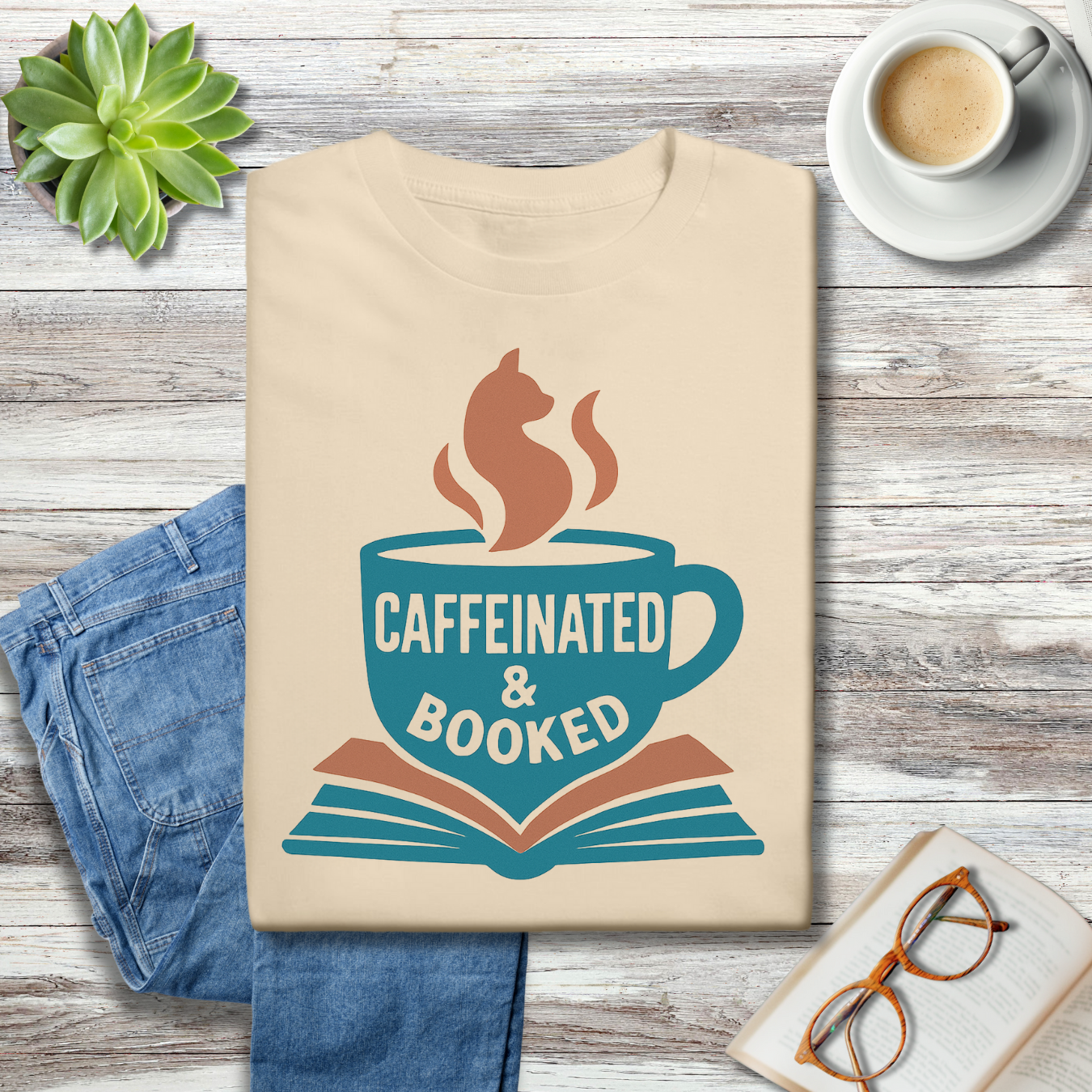 Caffeinated & Booked Cat Steam Mug Tee