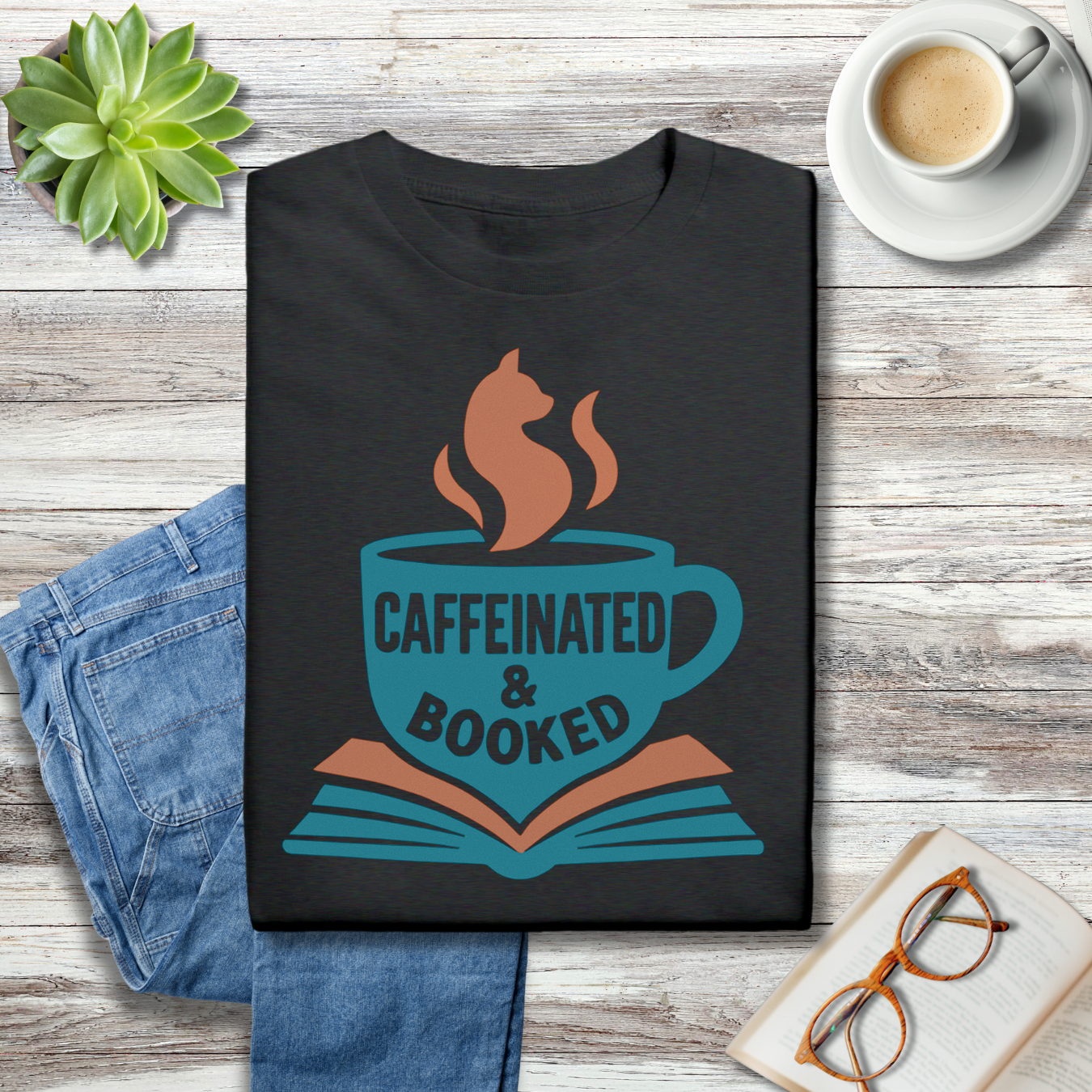 Caffeinated & Booked Cat Steam Mug Tee